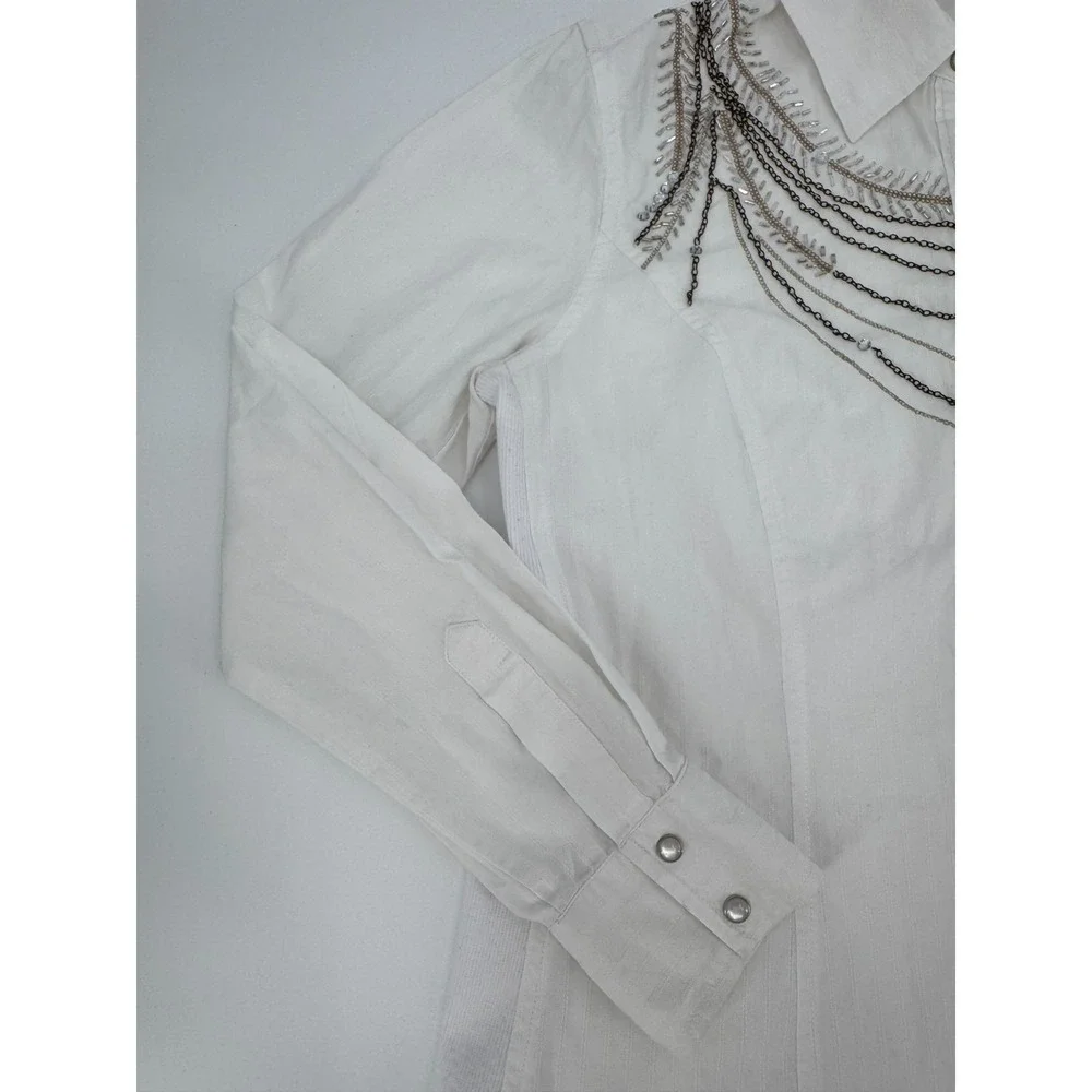 Y2K Reba Western Shirt Womens‎ Medium White Rhinestone Chain Cotton Pearl Snap